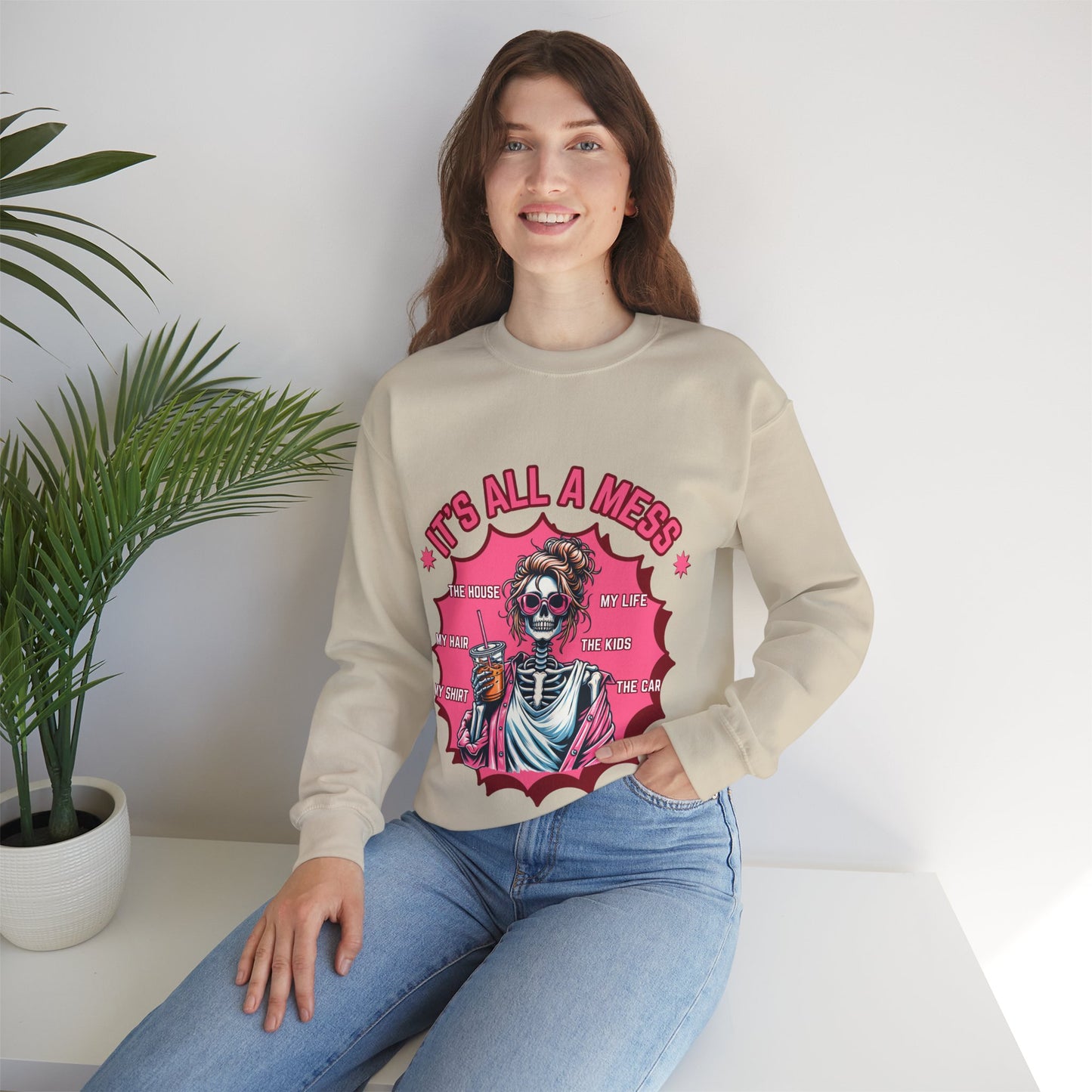 🔥 “It’s All a Mess” Skeleton Mom Sweatshirt – Funny Iced Coffee Hoodie for Tired Moms