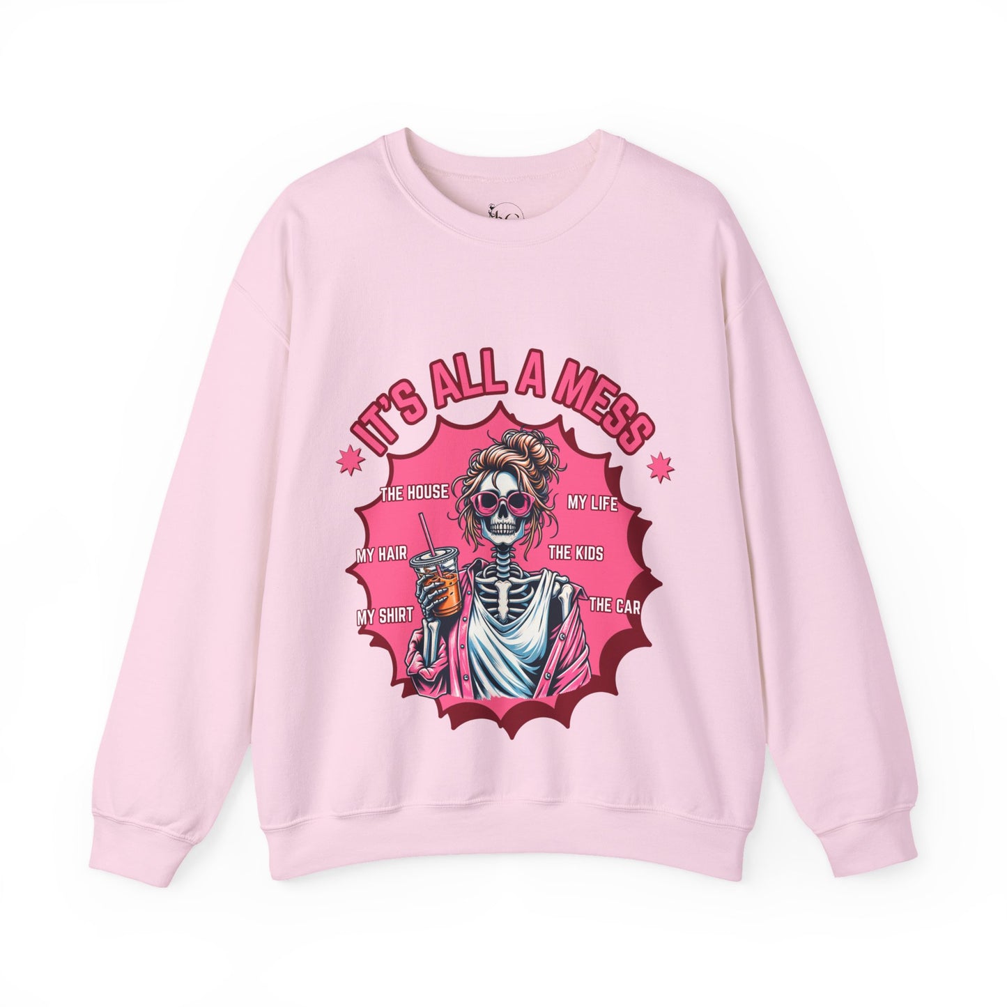 🔥 “It’s All a Mess” Skeleton Mom Sweatshirt – Funny Iced Coffee Hoodie for Tired Moms