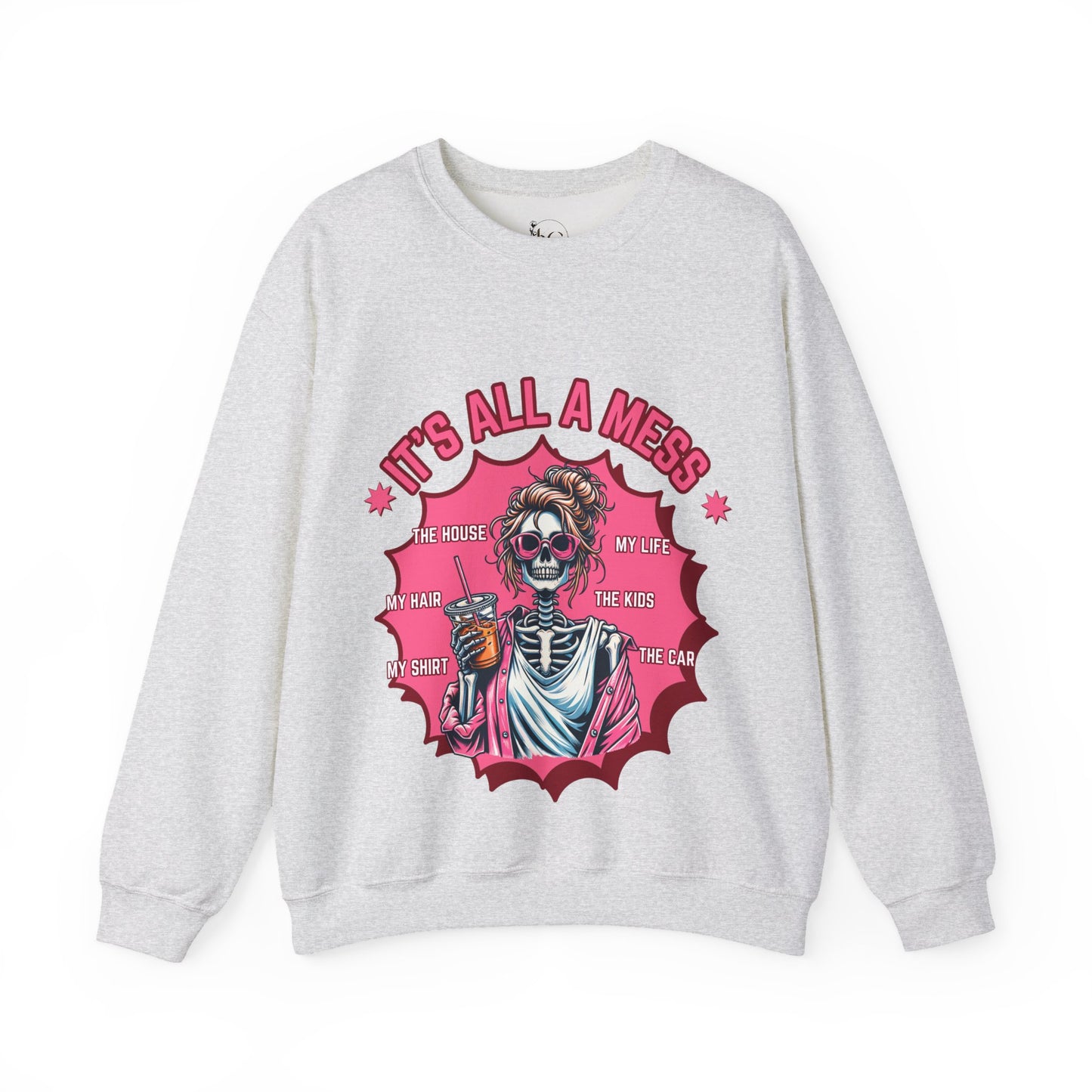 🔥 “It’s All a Mess” Skeleton Mom Sweatshirt – Funny Iced Coffee Hoodie for Tired Moms