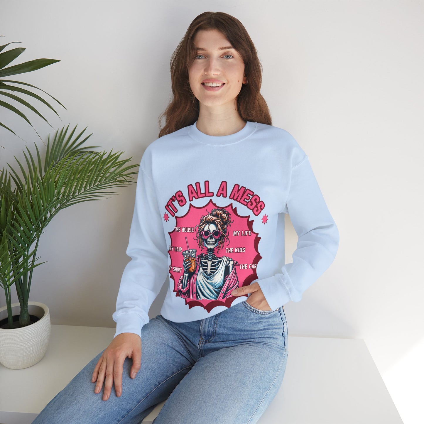 🔥 “It’s All a Mess” Skeleton Mom Sweatshirt – Funny Iced Coffee Hoodie for Tired Moms