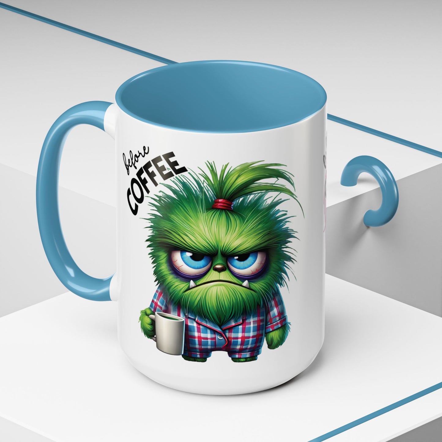 Coffee Mug - Angry Monster Before Caffeine, Happy Monster After Caffeine - Cute and Funny Design