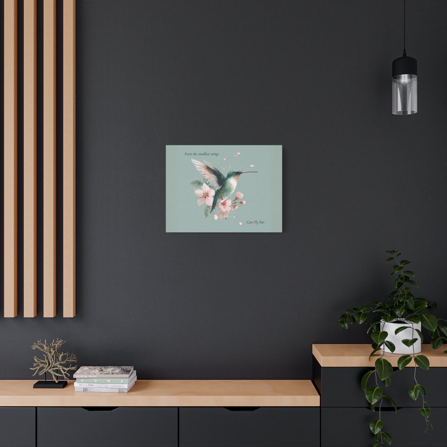 Hummingbird Floral Canvas Wall Art — "Even the Smallest Wings Can Fly Far" Matte Stretched Print