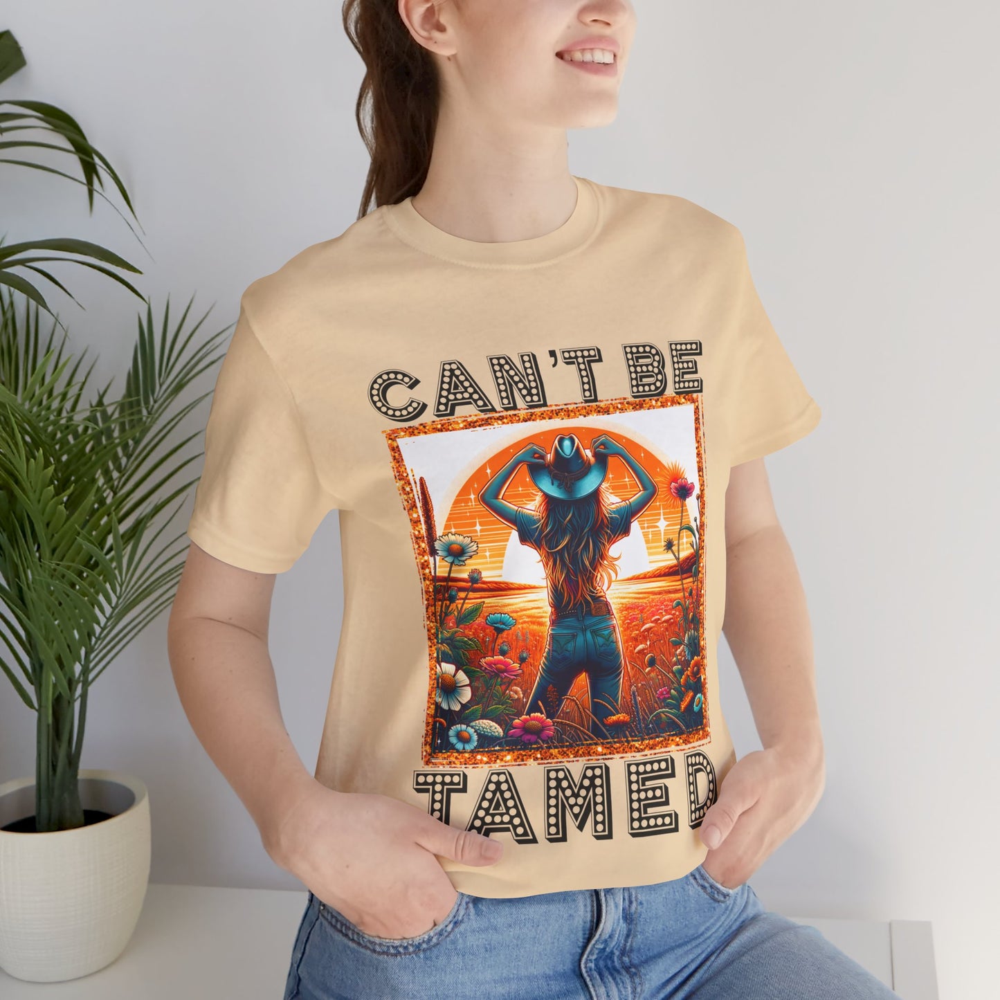 Western Cowgirl “Can’t Be Tamed” Shirt – Sunset Silhouette Graphic Tee