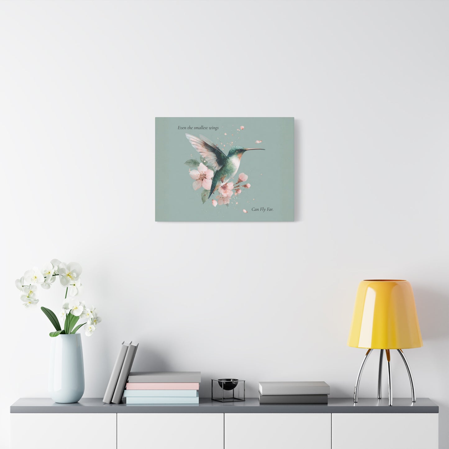 Hummingbird Floral Canvas Wall Art — "Even the Smallest Wings Can Fly Far" Matte Stretched Print