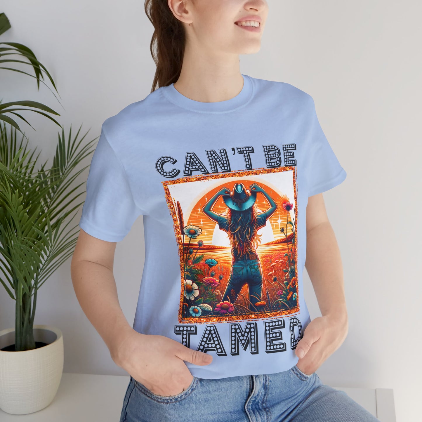 Western Cowgirl “Can’t Be Tamed” Shirt – Sunset Silhouette Graphic Tee