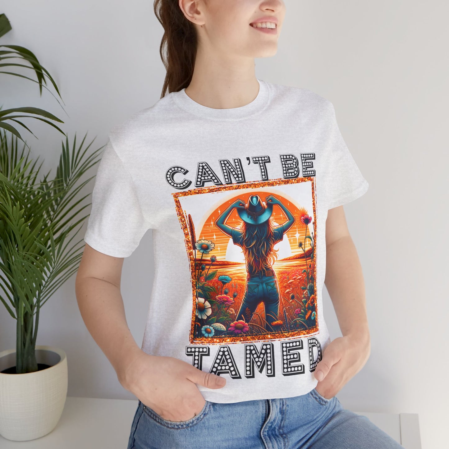 Western Cowgirl “Can’t Be Tamed” Shirt – Sunset Silhouette Graphic Tee