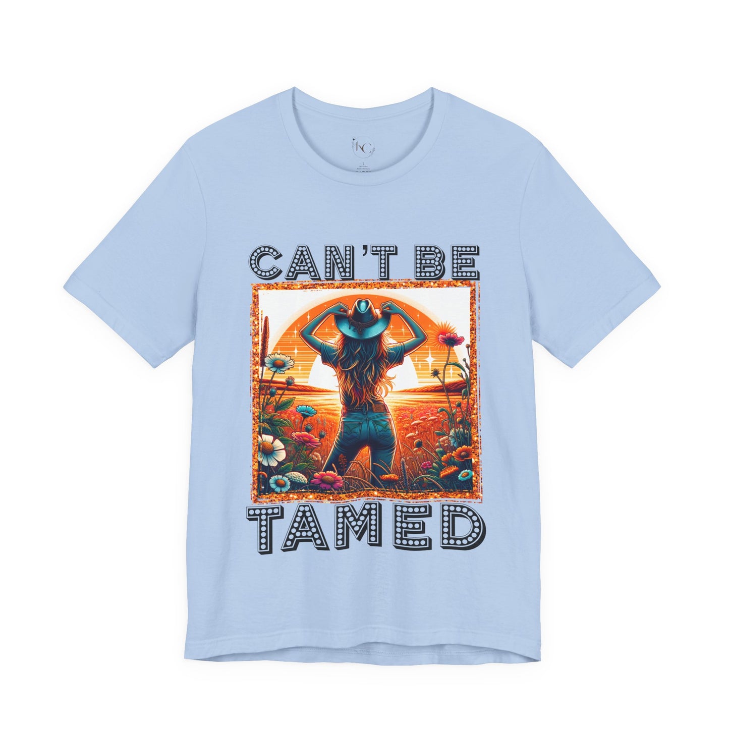 Western Cowgirl “Can’t Be Tamed” Shirt – Sunset Silhouette Graphic Tee